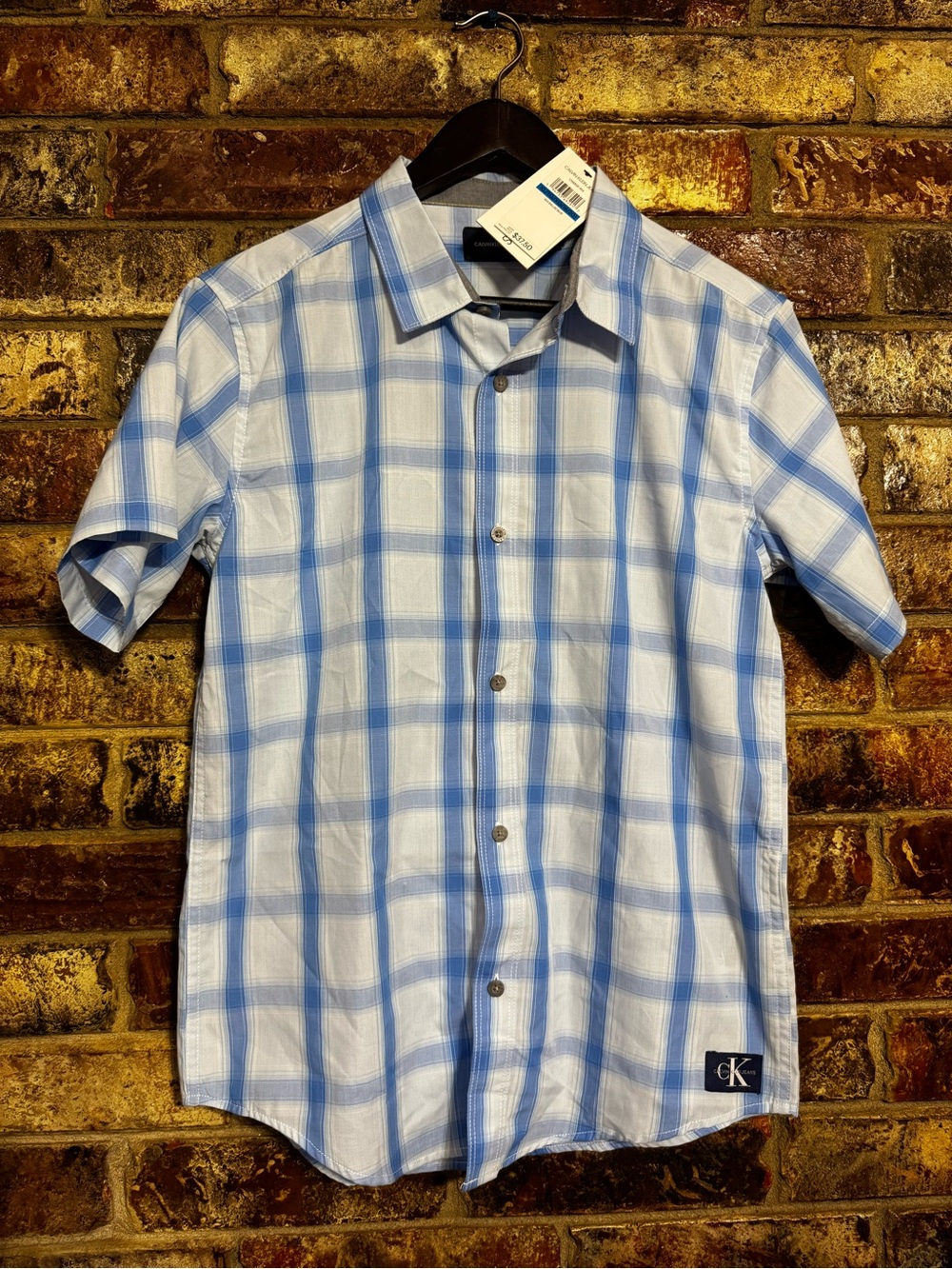 Calvin Klein Jeans Blue and White Plaid Short Sleeve Button-Down Shirt